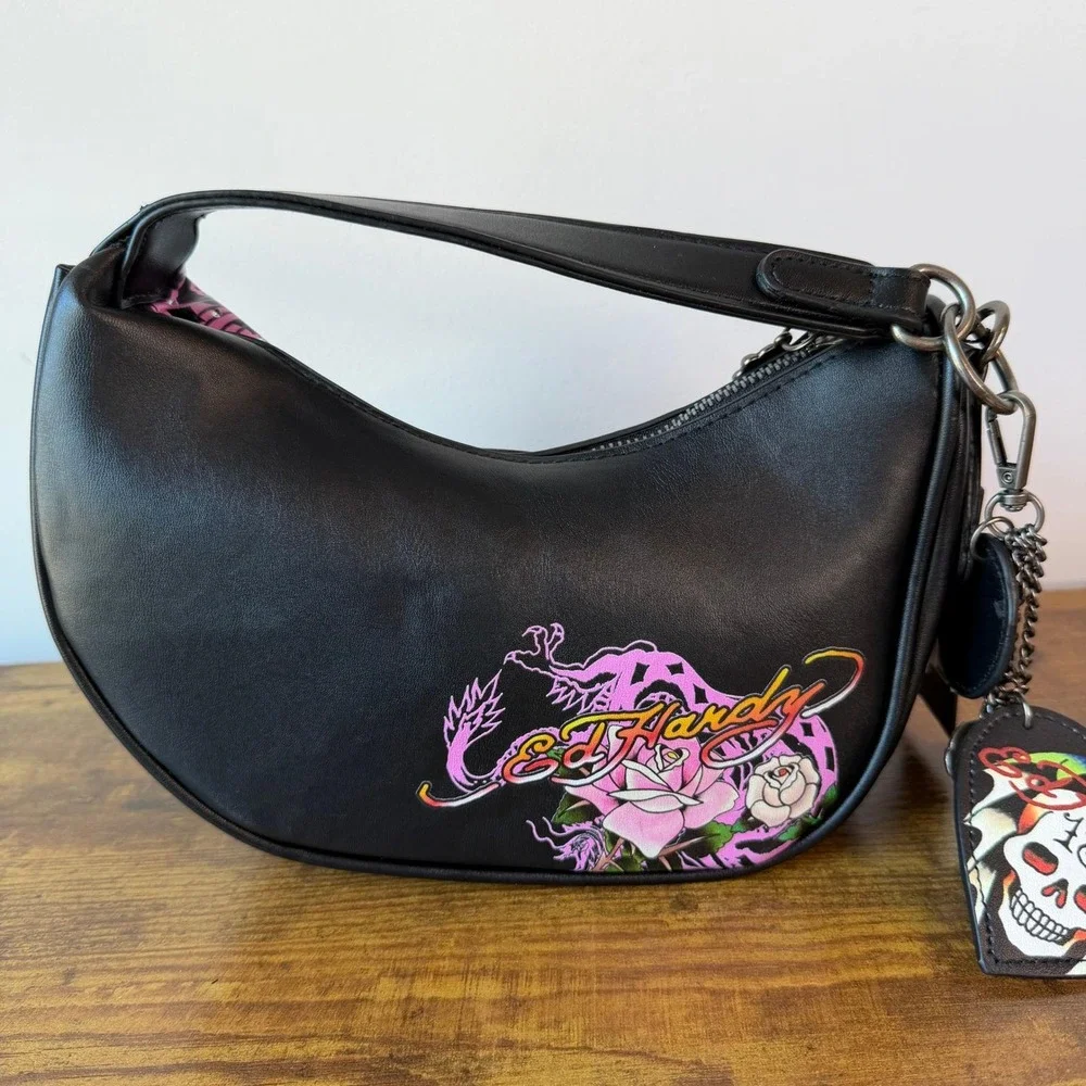New Ed Hardy Black Pink Hobo Shoulder Handbag Skulls Roses Y2K Heart Retro